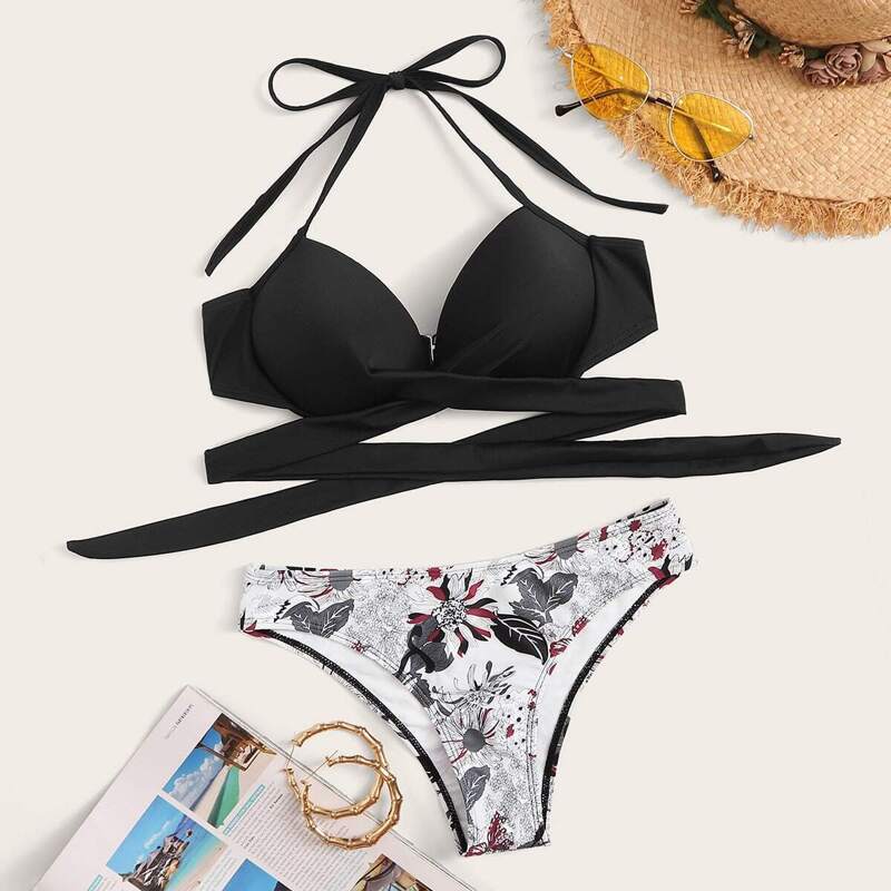 

Cross Wrap Halter Top With Floral Bikini Set, Multicolor