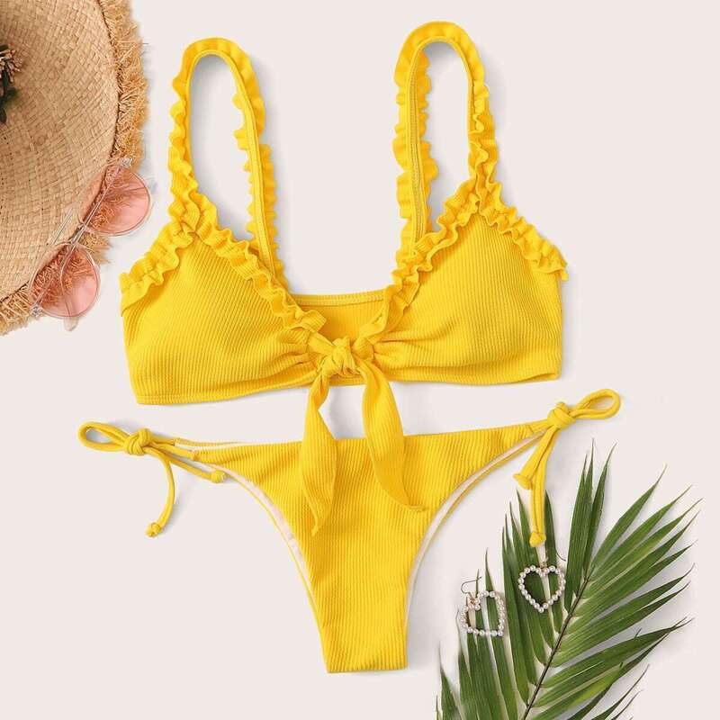

Frill Trim Ribbed Top With Tie Side Bikini Set, Yellow