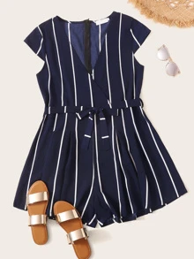 Plus Striped Belted Jumpsuit - Navy Blue - View 1
