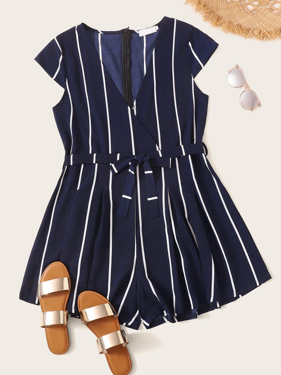 Plus Striped Belted Jumpsuit - Navy Blue - View 1