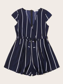 Plus Striped Belted Jumpsuit - Navy Blue - View 3
