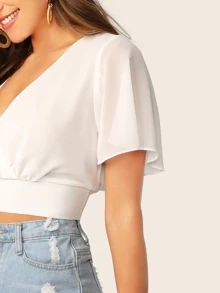 SHEIN WYWH Surplice Butterfly Sleeve Crop Top - White - View 4