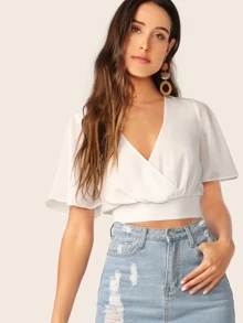 SHEIN WYWH Surplice Butterfly Sleeve Crop Top - White - View 3