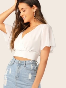 SHEIN WYWH Surplice Butterfly Sleeve Crop Top - White - View 1