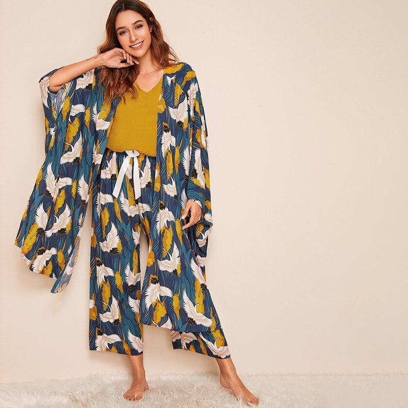 

4pcs Crane Print Pajama Set With Robe, Multicolor