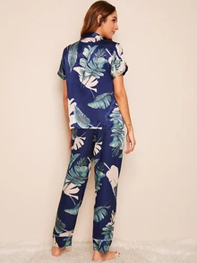 Tropical Print Satin Pyjama Set - Multicolor - View 2