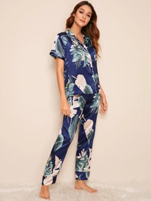 Tropical Print Satin Pyjama Set - Multicolor - View 3