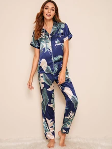Tropical Print Satin Pyjama Set - Multicolor - View 4