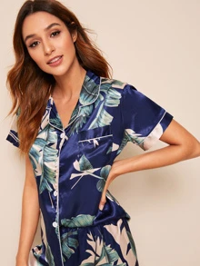 Tropical Print Satin Pyjama Set - Multicolor - View 5