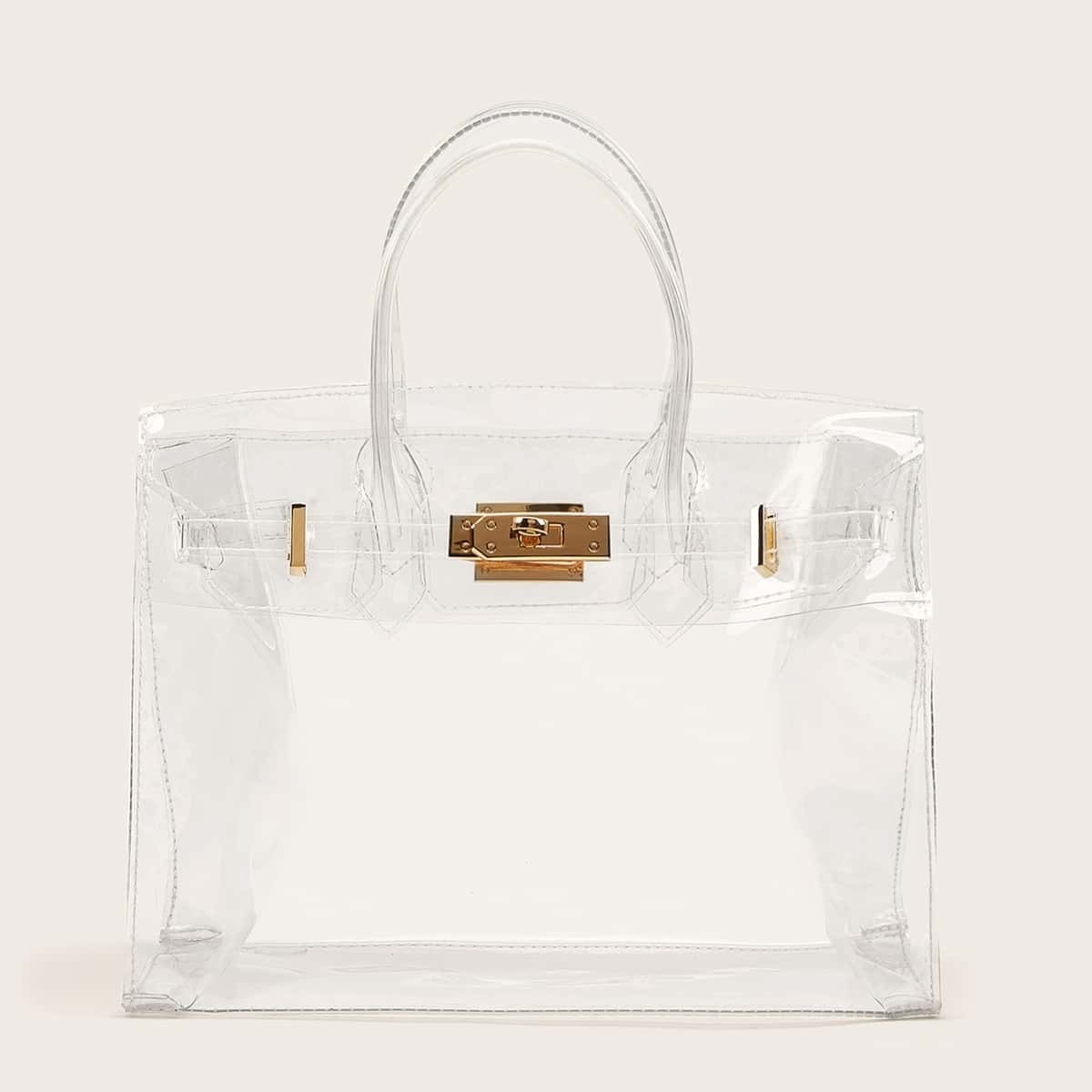 

Metal Buckle Clear Tote Bag, White