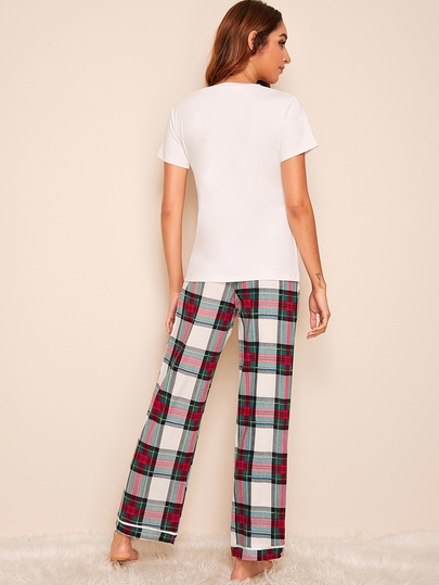 Conjunto de pijama top sólido con pantalones de cuadros