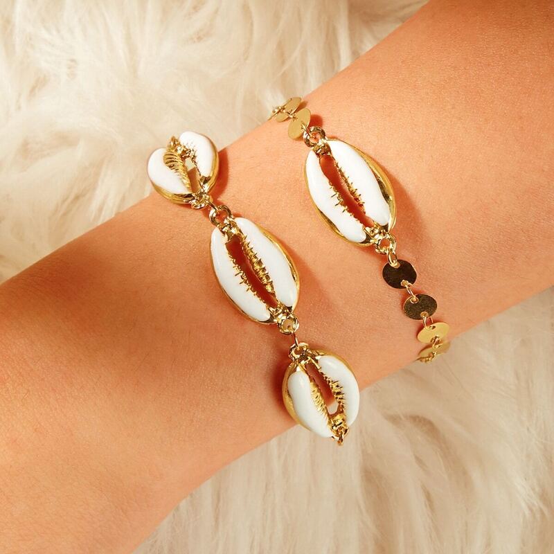 

Shell & Disc Detail Bracelet Set 2pcs, Gold