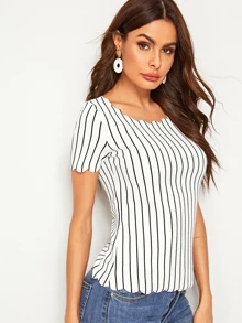 SHEIN LUNE Scallop Edge Striped Top - White - View 4