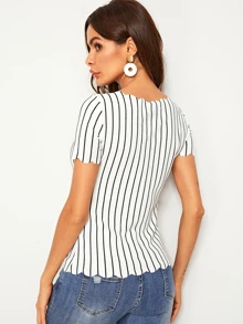 SHEIN LUNE Scallop Edge Striped Top - White - View 2