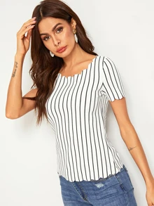 SHEIN LUNE Scallop Edge Striped Top - White - View 5