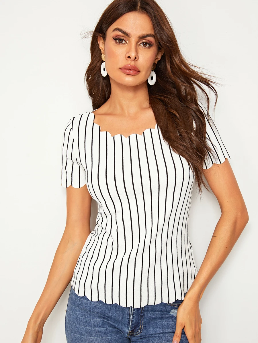 SHEIN LUNE Scallop Edge Striped Top - White - View 1