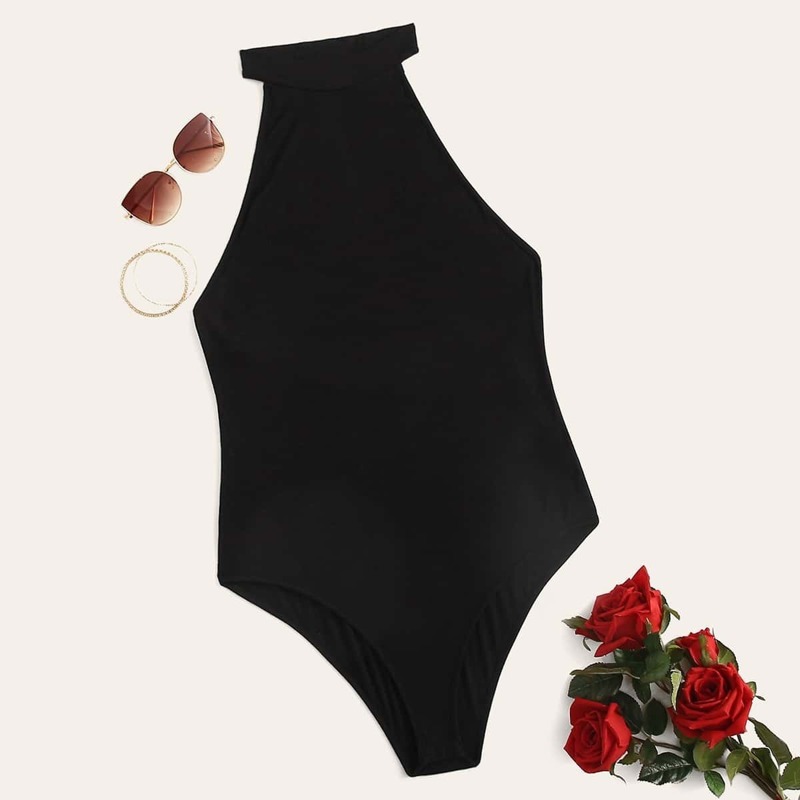 

Plus Halter Neck Solid Bodysuit, Black