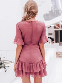Simplee vestido con cinturón de manga con volante bajo fruncido de lunares - Rosa vieja - Ver 2