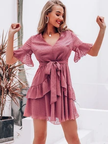 Simplee vestido con cinturón de manga con volante bajo fruncido de lunares - Rosa vieja - Ver 3