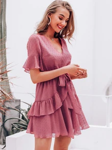 Simplee vestido con cinturón de manga con volante bajo fruncido de lunares - Rosa vieja - Ver 4