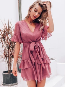 Simplee vestido con cinturón de manga con volante bajo fruncido de lunares - Rosa vieja - Ver 1