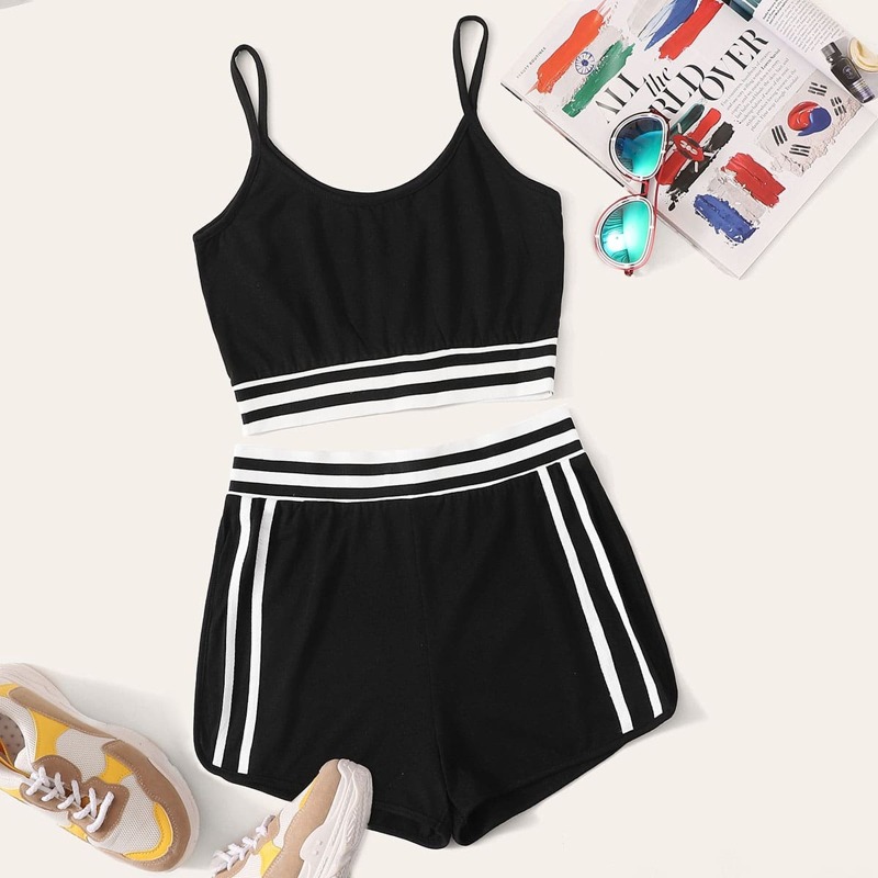 

Striped Side Crop Cami Top With Shorts, Black