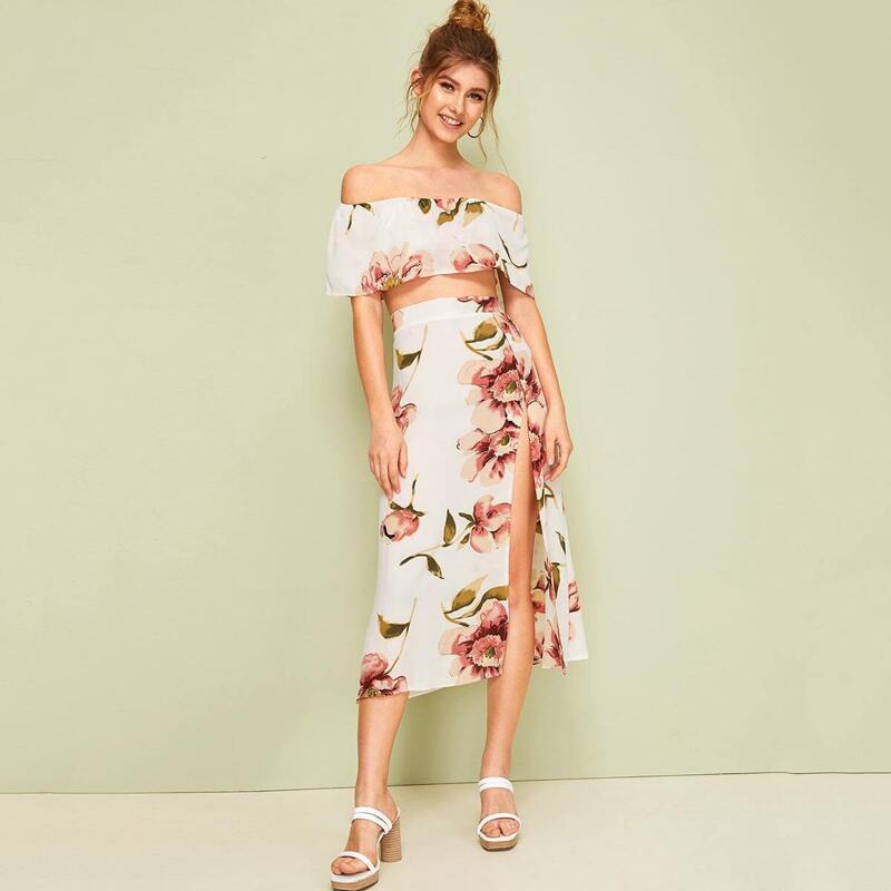 

Large Floral Print Off The Shoulder Top With Split Thigh Skirt, Multicolor
