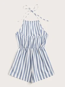 SHEIN Mono de rayas de espalda con cordón - Azul - Ver 2