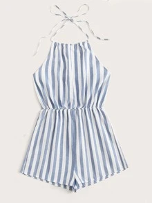 SHEIN Mono de rayas de espalda con cordón - Azul - Ver 3