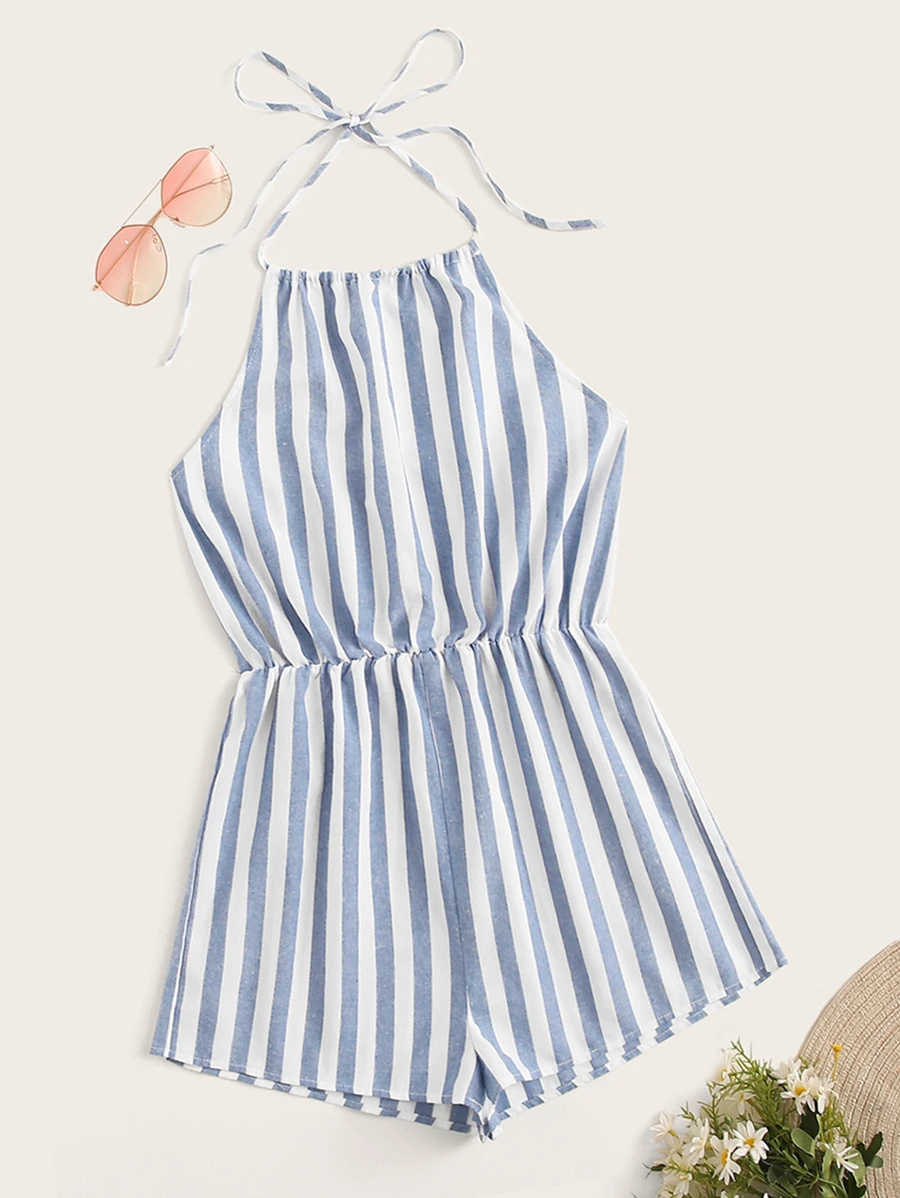 SHEIN Mono de rayas de espalda con cordón - Azul - Ver 1