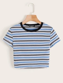 Muchica Camiseta corta tejida de canalé de rayas de cuello en contraste - Multicolor - Ver 1