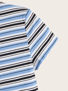 Muchica Camiseta corta tejida de canalé de rayas de cuello en contraste - Multicolor - Ver 4