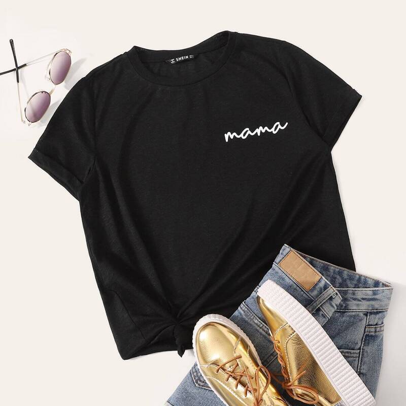 

Letter Print Cuff Sleeve Tee, Black