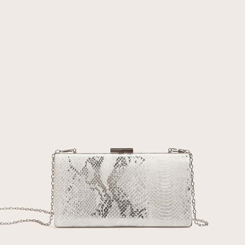 

Snakeskin Embossed Clutch Bag With Chain, Silver