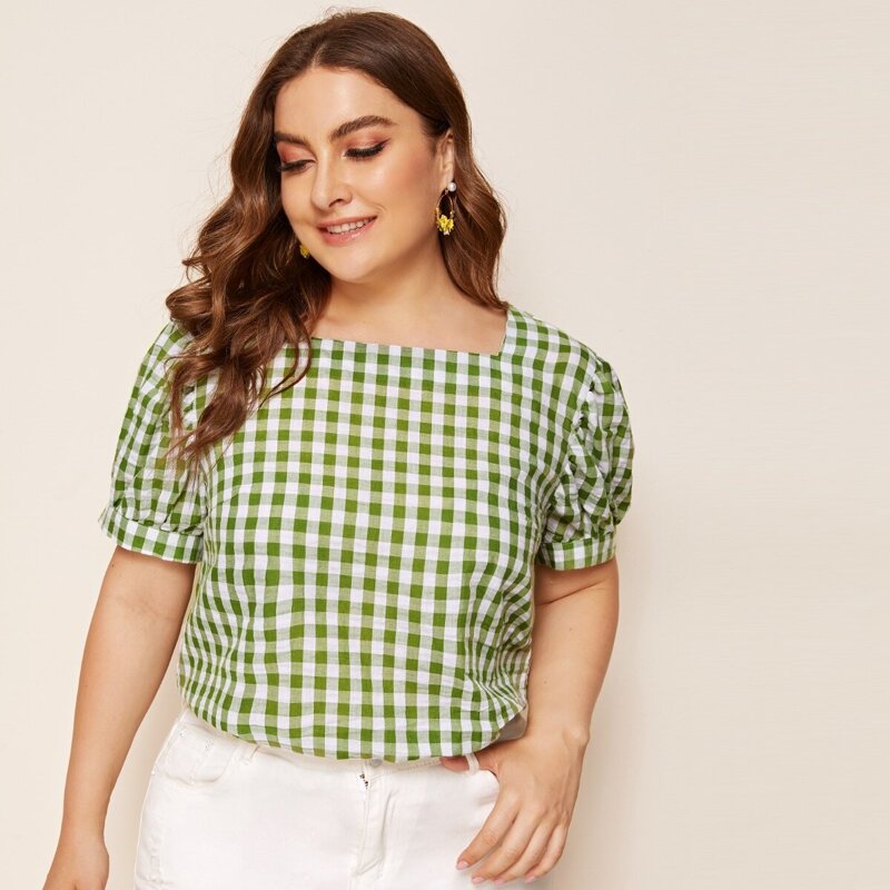 

Plus Square Neck Gingham Blouse, Green