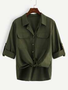 Plus Rolled Cuff Pocket Shirt - Army Green - View 1