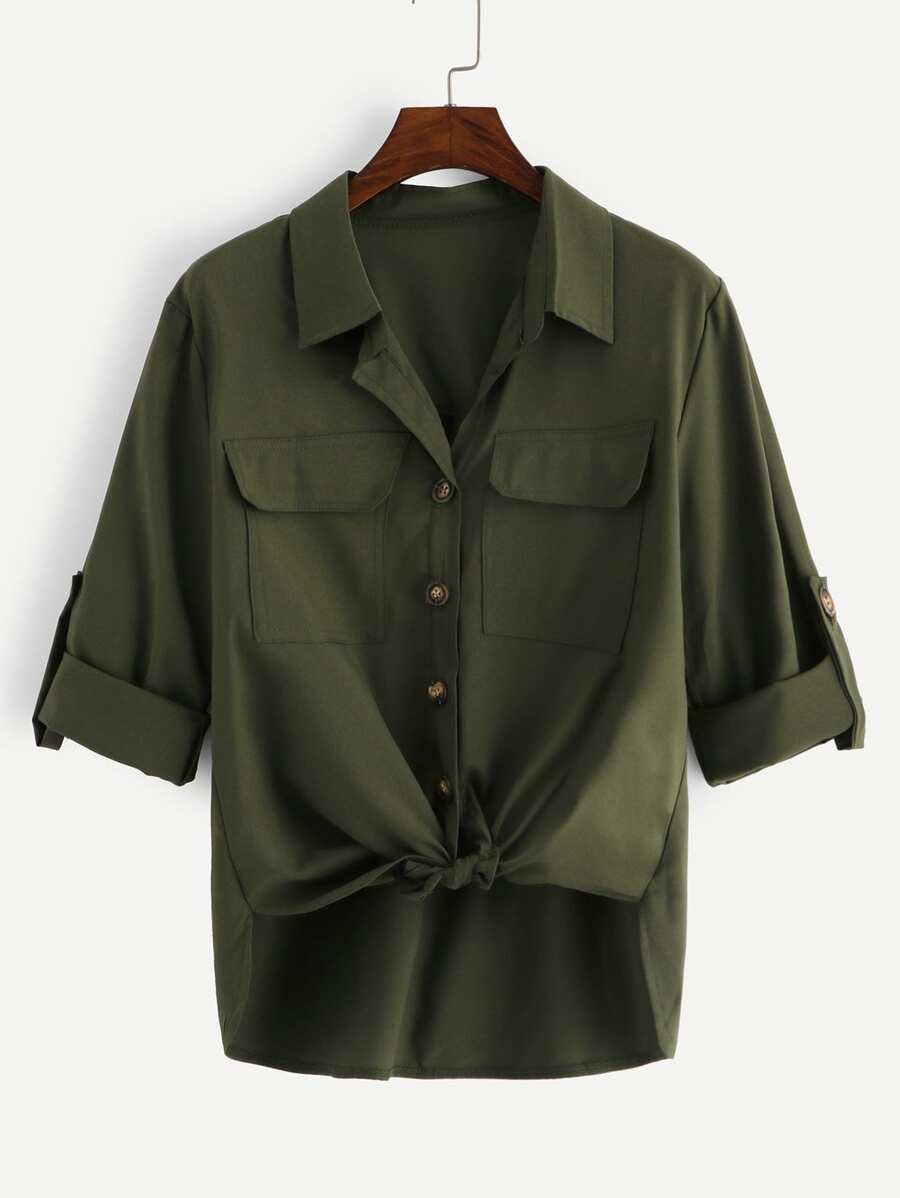 Plus Rolled Cuff Pocket Shirt - Army Green - View 1
