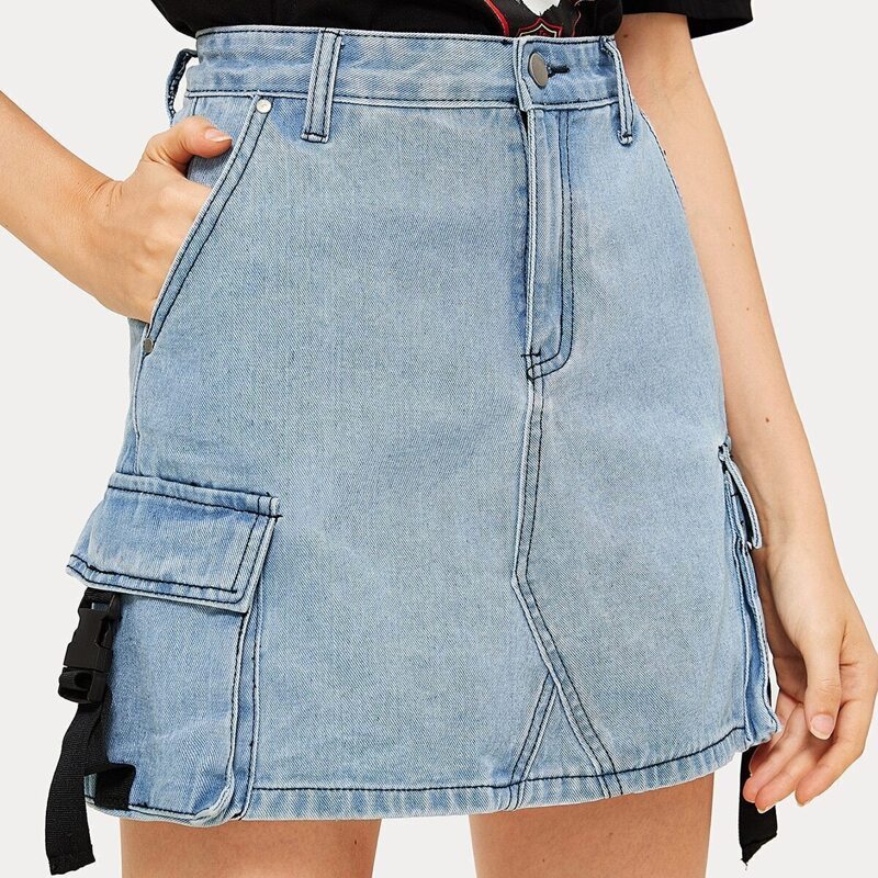 

Button Waist Push Buckle Pocket Side Denim Skirt, Blue