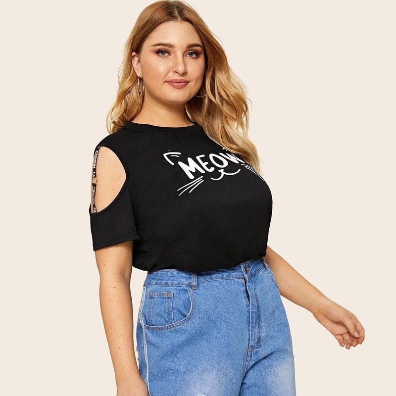 

Plus Letter Cat Print Open Shoulder Tee, Black