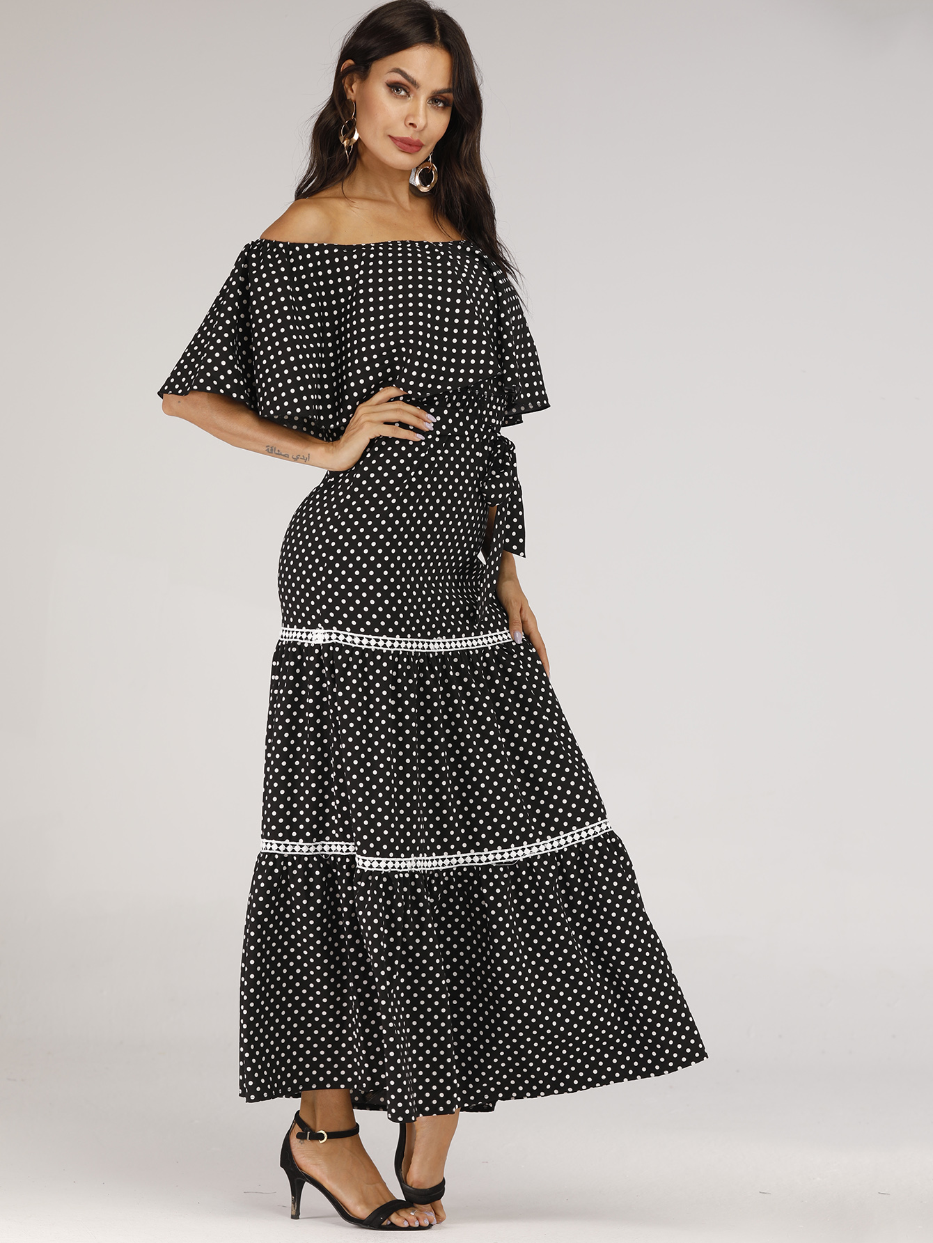 polka dot off the shoulder maxi dress