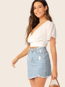 SHEIN WYWH Surplice Butterfly Sleeve Crop Top - White - View 5