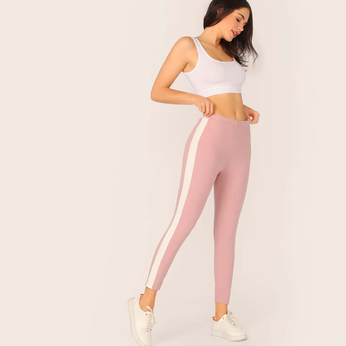 

Contrast Side Skinny Leggings, Pink