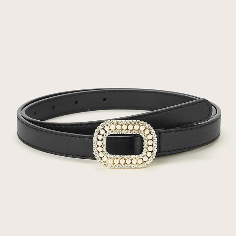 

Faux Pearl & Rhinestone Decor Buckle Belt, Black