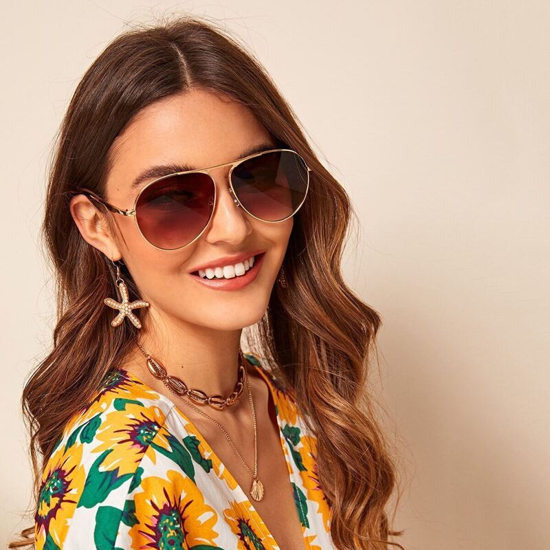 

Metal Frame Flat Lens Sunglasses, Brown