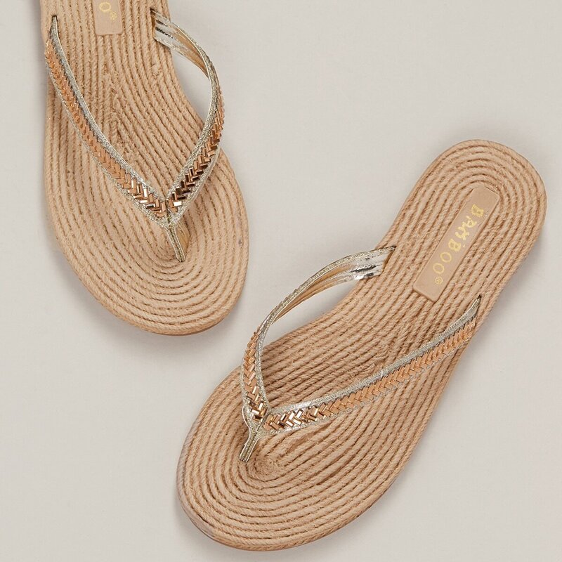 

Crystal Thong Strap Jute Sole Flat Sandals, Gold