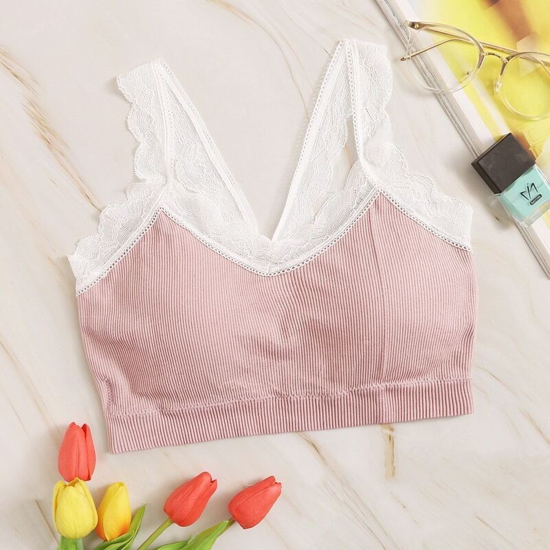 

Floral Lace Ribbed Bralette, Pink