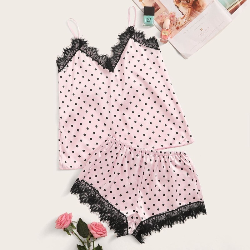 

Polka Dot Eyelash Lace Satin Cami With Shorts, Pink
