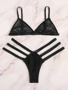 Classic Sexy 階梯鏤空透明內衣褲套裝 - 黑色 - 查看 2