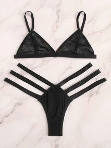 Classic Sexy 階梯鏤空透明內衣褲套裝 - 黑色 - 查看 3