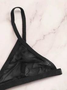 Classic Sexy 階梯鏤空透明內衣褲套裝 - 黑色 - 查看 4